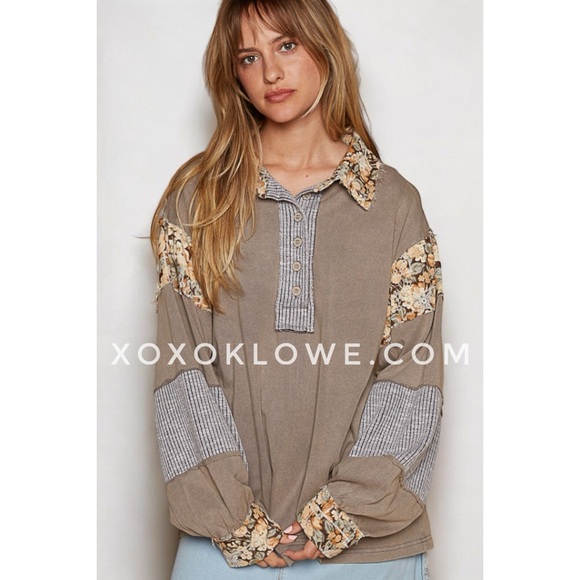 POL Grey Floral Contrast Half Button Oversized Top - Picture 6 of 7